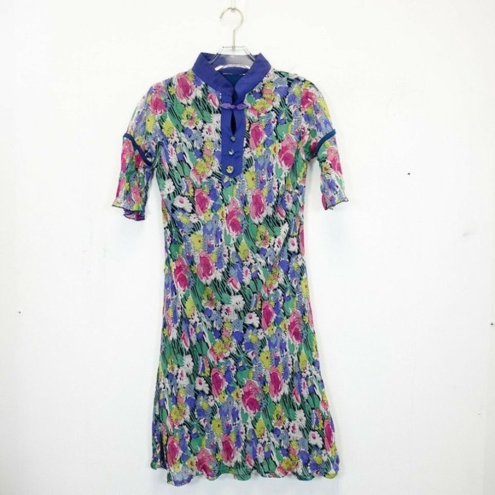 Vintage Women Fit Flare Dress MEDIUM Blue Floral Short Mini Mandarin Collar Boho